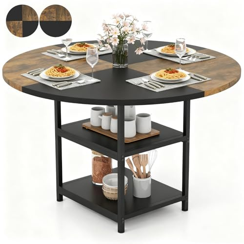 LIFEZEAL Tavolo da Pranzo Rotondo, Tavolo Cucina, Salvaspazio, Dining Table, a 4 Posti, con 2 Ripiani, Ø119x76,5cm, Piano Ampio e Flessibile, per Sala, Soggiorno, Ristorante, Max 141kg, Industriale