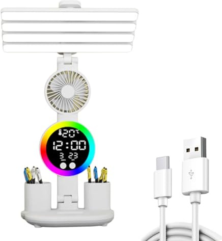 Oxxggkao LED Desk Lamp with 4 Adjustable Light Reading Lighting with Fan and Large Led Display Clock USB Table