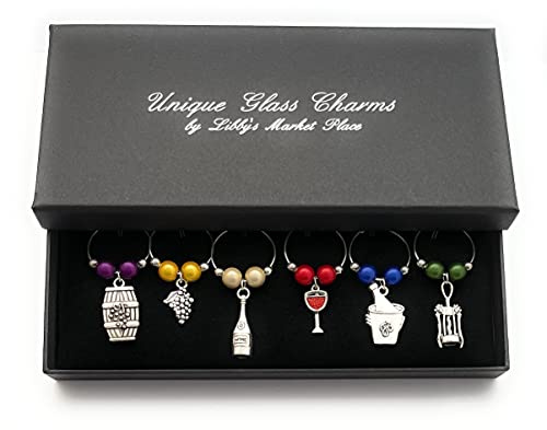 Set of 6 Handmade Wine Lovers Wine Glass Charms with Gift Box