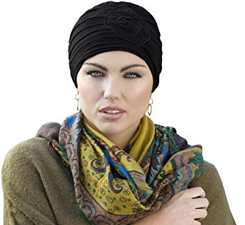 MASUMI Chemo Turbans for Women | Chemotherapy Headwear for Women | Chemo Head Scarf | Cotton Hat for Alopecia and Girls| Cancer Hair Loss Primrose (Black)
