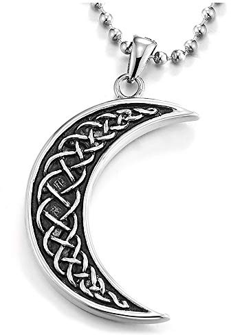 iMECTALII Tribal, Herren Damen Edelstahl Vintage Halbmond Mond Stern Anhänger Halskette mit Geflochtene Knoten - Silber Schwarz