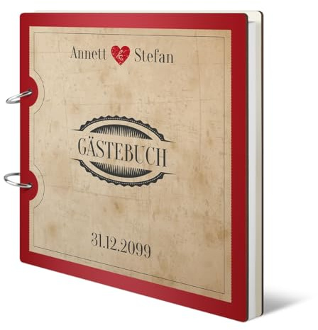 Hochzeit Gästebuch Holzcover 215 x 215 mm 144 Naturpapier Innenseiten personalisiert - Vintage Herz Rot