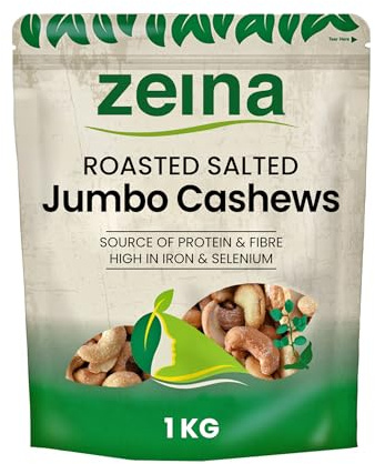 Zeina Jumbo Roasted Salted Cashews with Fibre, Protein and Minerals, Naturally Gluten Free and Vegan Approved Premium Healthy Snack - 1 x 1Kg
