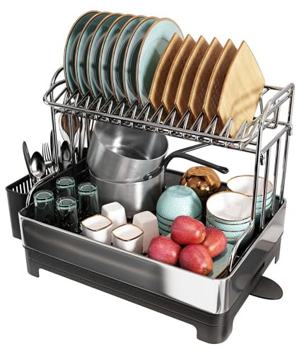 romision 2 Tier Dish Drying Rack, Large Dish Rack with 360° Swivel Spout, 304 Stainless Steel Dish Drainer Rack, Draining Board Rack for Kitchen Counter with Utensil Holder, Silver