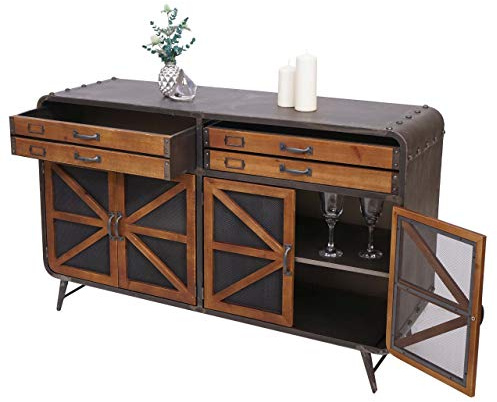 Mendler Sideboard HWC-F91 Industrial Tanne Holz Metall 80x126x38cm | Kommode, Schrank, Highboard, braun-schwarz