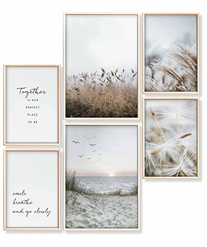 Heimlich® Premium Poster Set OHNE Bilderrahmen | 2 x DIN A3 & 4 x DIN A4 - ca. 30x42 & 21x30 | Stilvolle Poster Collagen mit passenden Bilder als Wanddeko » Beige Strand Gras «