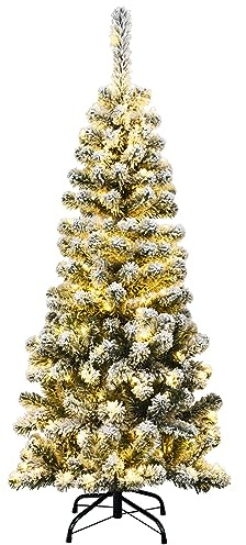 COSTWAY Albero di Natale Slim 135/180/225 cm, Albero di Natale Innevato con 150/250/350 Luci LED, 242/500/641 Rami e Base di Metallo, Decorazione Natalizia per Casa e Negozio (135 CM)