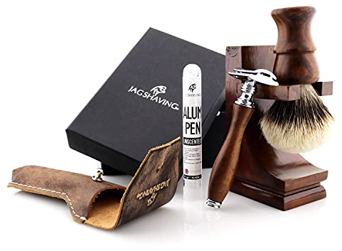 Jag Shaving Rasierset - Nachhaltige 4-teiliges Rasierset aus Holz - Silberspitz Dachshaar Rasierpinsel - doppelkante Rasierklingen Rasierhobel - Rasierständer - Ledertasche für Rasierhobel