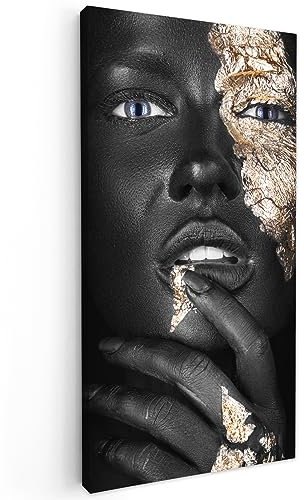 MuchoWow Leinwand Bilder, Einzigartige Wanddeko mit Rahmen, Frau - Blattgold - Schwarz - Haut - Luxus, Wandbilder Wohnzimmer, Deko Schlafzimmer 20x40 cm