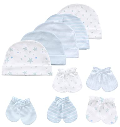 MAMIMAKA Baby Hats Mittens Set Cotton Beanie Caps and No Scratch Mitten Gloves for 0-6 Months