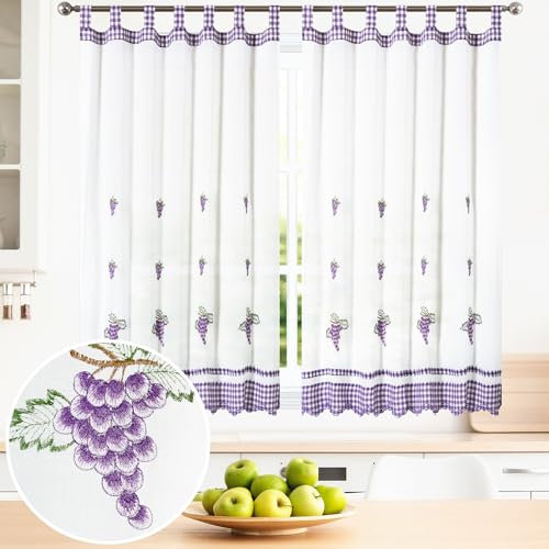 BOD HOME, 2 Piezas, Cortinas Blancas Translúcidas con Trabillas. Cortinas para Cocina, Diseños de Frutas y Tazas con Acabado de Color. Cortina Media Altura Hecha de Poliéster, 100x150cm (AnchoxAlto)