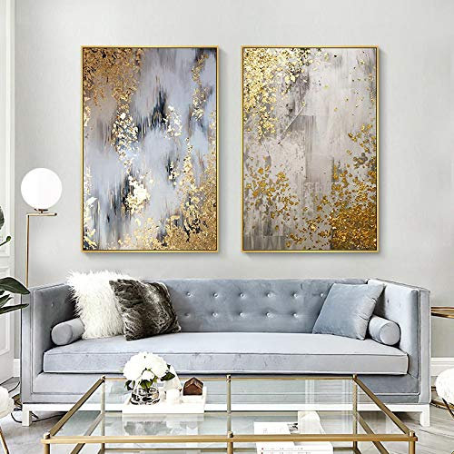 Dittelle Warme Farbe Goldener Baum Ölgemälde Abstraktes Wandkunstbild, Lässiges Wohnzimmer Retro Blattgold Bild 35x50cm-2Pieces Frameless