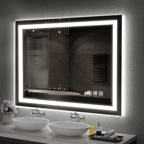 SHUAFA LED Mirror for Bathroom, 48x36 Inch Backlit + Front Lighted Bathroom Vanity Mirror with Lights for Wall, Double Light Strips, 3 Colors, Shatter-Proof, Anti-Fog and Brightness Memory
