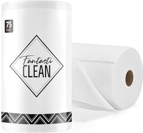 Fantasticlean Rollo de Paño de Microfibra - 75 Unidades, Paños de Limpieza Rasgables, Trapos Reutilizables y Sin Pelusas, para el Coche, la Cocina y el Hogar 30 x 30 cm - Blanco