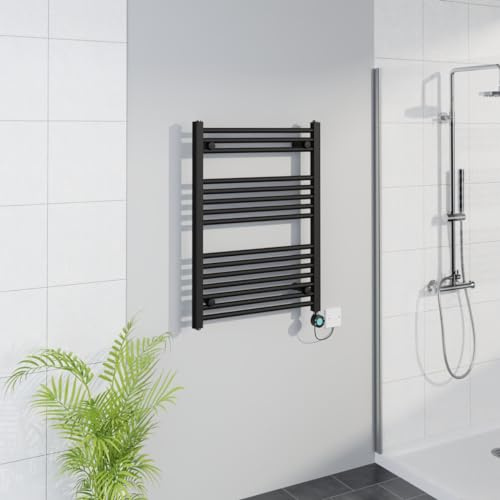 Warmehaus WiFi Electric Bathroom Straight Radiator Timer 800x600mm Black | Thermostatic, Smart LCD Display, Child Lock, T Piece, Prefilled, Electric Heated Towel Rail Warmer, Energy Efficient