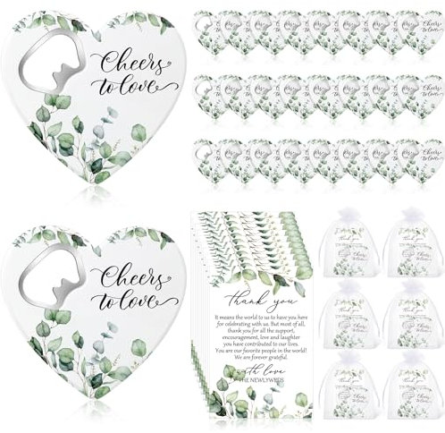 Maxcheck Recuerdos de boda para invitados, abrebotellas en forma de corazón, imán para nevera, tarjeta de agradecimiento de boda y bolsa de organza, regalos de fiesta nupcial a granel para recuerdos