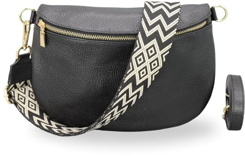 Brise Art Bauchtasche Damen Echtleder AFIA Gold Handgemachte Umhängetasche Crossbody Bag mit Ledergurt + Optionalen Breiten Gemusterten Riemen 3 Fächer Hüfttasche Made in Italy (Schwarz-Gold 3)