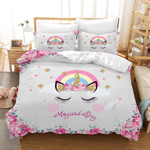 Leleyouzer Kinder Einhorn Bettwäsche Set,Rosa Einhorn Bettwäsche für Mädchen,Weicher und Kuscheliger Mikrofaser Bettbezug für Mädchen mit 2 Kopfkissenbezügen 50 x 75 cm (Einhorn 1, 135×200 cm)