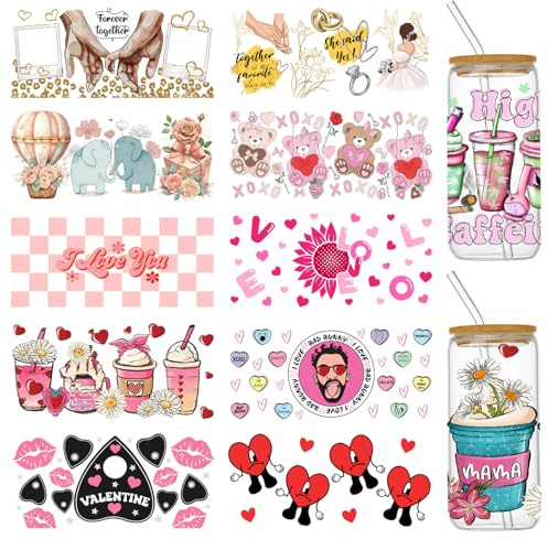 UV DTF Cup Wraps Transfer Stickers for 16 oz Glass Cups, 10 Sheets Valentine Cup Transfer Wraps Rub on Transfers Decals for Crafts Furniture, Uvdtf Cup Vinyl Wrap Bulk for Tumblers Libbey Cups Wood