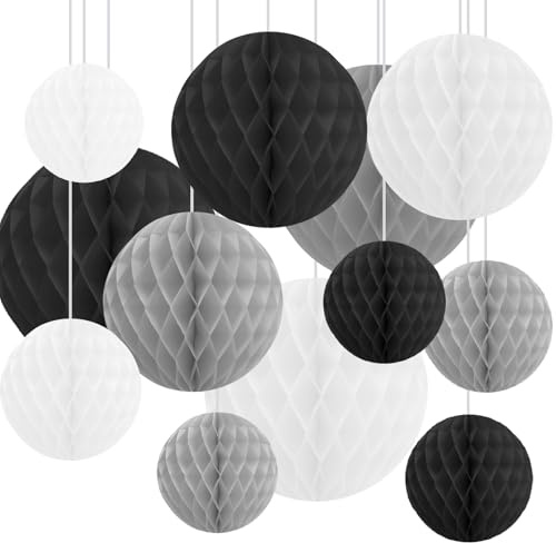 12 Pack Tissue Paper Honeycomb Balls, Poms Birthday Baby Shower Wedding Decorations Small Mix (Grey Black Shade)