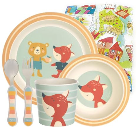 Sigikid Melamin Kinder-Geschirrset Fuchs/Bär Taufgeschenk Kindgerecht Spülmaschinenfest (Fuchs/Bär 4-teilig)