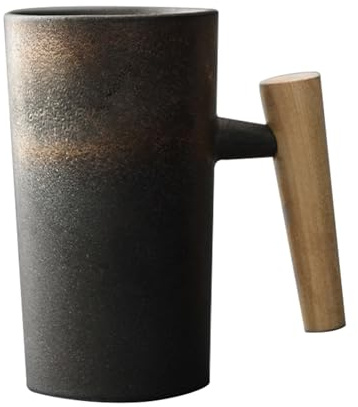 Jorzer Teetasse Kaffeetasse mit Holzgriff 220 ml ergonomisch exquisite Steinzeug Vintage Tassen Heimbüro Keramiktasse für Tee Getränke Wasser vergoldete Glasurfarbe
