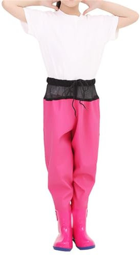 HWBZSZY wasserdichte Wathose für Kinder mit Elastischem Bund Outdoor-Wathose aus PVC für Mädchen und Jungen Leichte Atmungsaktive Angelhose Jagdstiefel Verdickte rutschfeste Regenschuhe,Rosa,33