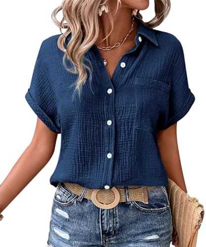 VEVESMUNDO Damen Sommer Leinen Bluse Hemd Baumwolle Kurzarm Lässige Hemdbluse Sommerblusen Oberteile Tops mit Knopfleiste Gr.36 38 40 42 44 (Dunkelblau,M)
