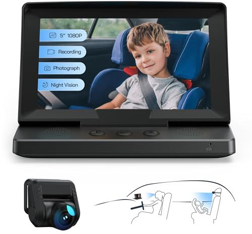 WOLFANG 1080P Baby Car Camera with 5” Screen, USB-C Plug and Play Easy Setup, Car Baby Monitor with Loop Recording, Photo Mode, Night Vision Camera, Wide Clear View for Backseat
