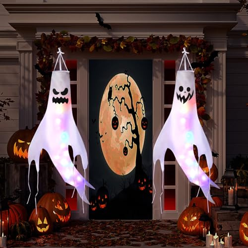 Halloween Ghost Windsock, 2 Pcs Scary Halloween Hanging Decorations With 4 LED Lights, Windsocks Flag for Yard Indoor Patio Lawn Haunted House, Outdoor Decor