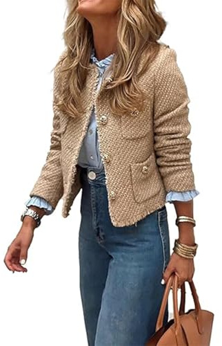 FYHTC Damen Tweed Blazer Langarm Revers Knopfleiste Karierte Samt Elegante Jacke(Gold,Large)