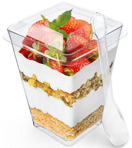 Sammray 50 Pack 5 oz Plastic Dessert Cups with Lids and Spoons – Plastic Parfait Cups for Appetizer and Desserts be it, Mousse, Tiramisu, Pudding, or salads - Perfect for Parties