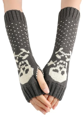 DINSOAVR Handschuhe, gestrickte Totenkopf-Muster, fingerlose Handschuhe, Winter, Halbfinger, dehnbar, hält warm, Armwärmer, Handschuhe für Mädchen und Teenager, Mittelgrau, 30x9cm
