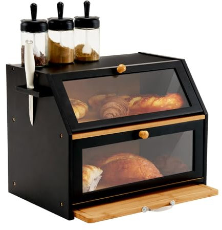 YOUDENOVA Contenitore per il pane in bambù, ecologico, con tagliere, contenitore per il pane, visualizzazione per pane, pane tostato, nero, 39 x 26 x 32,5 cm (lunghezza x larghezza x altezza)