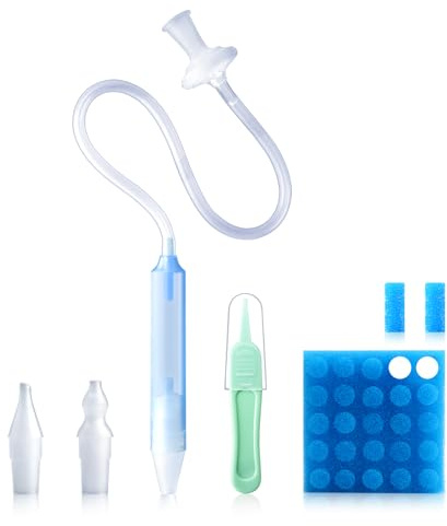 Qunlions life Baby Nasal Aspirator, Nose Cleaner with 25 Hygiene Filters 2 Silicone Tips Green Nose Cleaning Tweezer for Tollders Newborns Boys Girls Stuffy Nose Relief