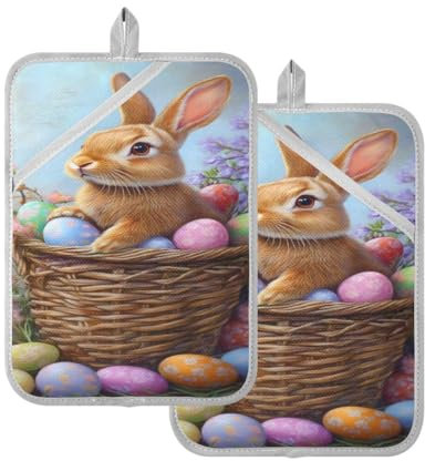 JUMBEAR Set di presine pasquali e portauova con tasca, per cucina, resistenti al calore, presina, guanti da forno e sottopentola per cuocere al forno, 17,8 x 22,9 cm