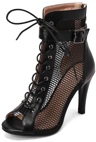 Ceciloroda Donna Heeled Burju Danza Scarpe Peep Toe Mesh Stivaletti Stiletto Gladiatore Sandali Comfy Dressy Sandali Ballrrom Cordoncino Black Size 35