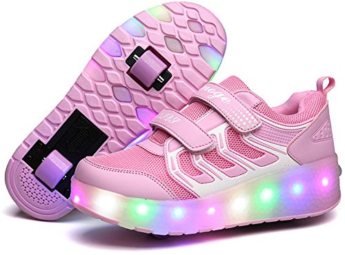 Unisex barn pojkar flickor LED-tränare, LED upplysta rullskridskor skor, 7 färger ljus, USB uppladdningsbar, dubbla hjul, infällbara/lätta utomhus sport korsskor gymnastiska löpning sneakers, Rosa med