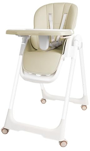 NAIZY Kinderhochstuhl Baby Hochstuhl Mobile Klappbar Essen Kinderstuhl mit 5-Punkt Sicherheitsgurt & Doppeltablett & 4 Rädern Verstellbar Essstuhl, Beige