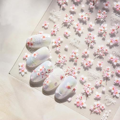 Zernblend 4 Pieces 5D Sakura Nail Art Stickers, Pink Floral Nail Stickers