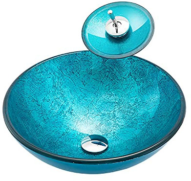 JYBNBBE Lavandino da appoggio per Bagno, lavabo da appoggio in Vetro temperato, lavabo da appoggio Rotondo Blu, lavabo da appoggio sopra Il Piano, lavabo Artistico con Rubinetto a Cascata.