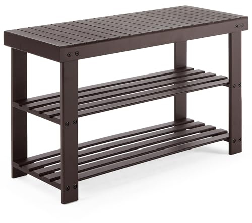 Sweetcrispy 3-Tier Shoe Rack Bench, Bamboo Entryway Storage Organizer, Shoes Stand for FrontDoor Entrance, Bedroom, Living Room, 286lb Capacity, 11.3 x 27.6 x 17.8 Inches, Chestnut
