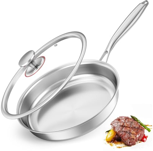 BugyKido Stainless Steel Frying Pan with Lid, 24cm Saute Pan, Premium 3-Ply Stainless Steel, Coating-Free and PFOA-Free, Suitable for All Stovetops, Dishwasher and Oven