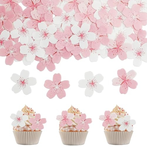 LEBKFT 60 Pcs Edible Cake Toppers, Cherry Blossoms Wafer Paper Flowers for Cupcake Toppers Pink Edible Flowers for Cakes for Wedding Baby Shower Birthday Party Cake Decorations Supplies