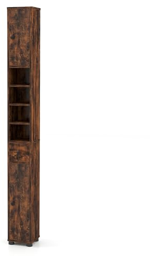 COSTWAY Badskåp smalt, badrumsskåp med 2 dörrar, 1 låda och justerbara hyllor, badrumshögskåp utrymmesbesparande för badrum, vardagsrum, 20 x 20 x 180 cm (med 4 hyllor, brun)