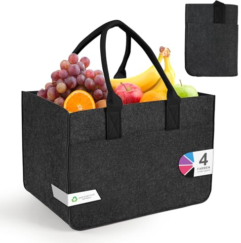 Aonext Einkaufstasche Groß aus Filz 30L – Filztasche groß faltbar mit Außentasche, moderne Shopping Bag als Filztaschen Shopper für Einkaufen, Markt & Alltag (Dunkelgrau-schwarz)
