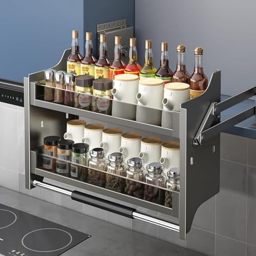 Kraftig metall fällbar hylla Köksarrangör 2-vånings fällbar skål och kryddhyllsystem for köksöverskåp(36 * 28 * 54cm)