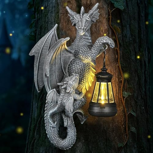 IDEA SHOW Drachen Figuren mit Solarlampen Baumstamm Gartendeko für Draußen: Lustige Drachen Gartenfigur mit LED Solar-Lichterkette, Baumstamm Deko für Gartenzaun, Balkon & Hof, Grau