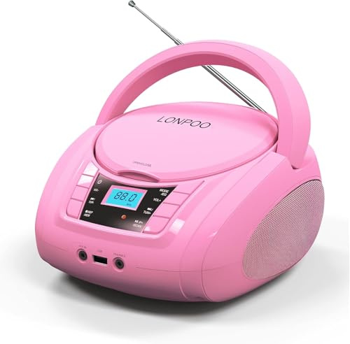 LONPOO CD Player Portable Boombox with FM Radio/USB/Bluetooth/AUX Input and Earphone Jack Output, Stereo Sound Speaker & Audio Player,Pink