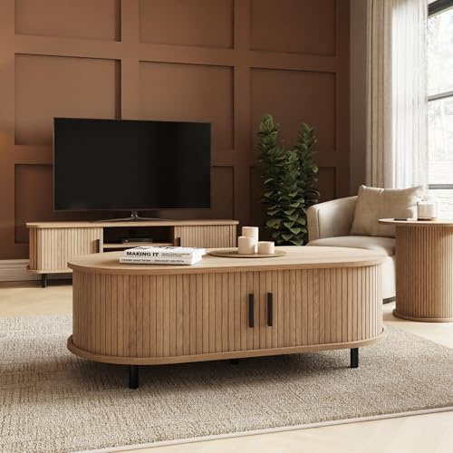 GFW Omari Coffee Table with Hidden Storage & Slatted Doors, Oak Effect Oval Centre Table with Metal Legs for Living Room